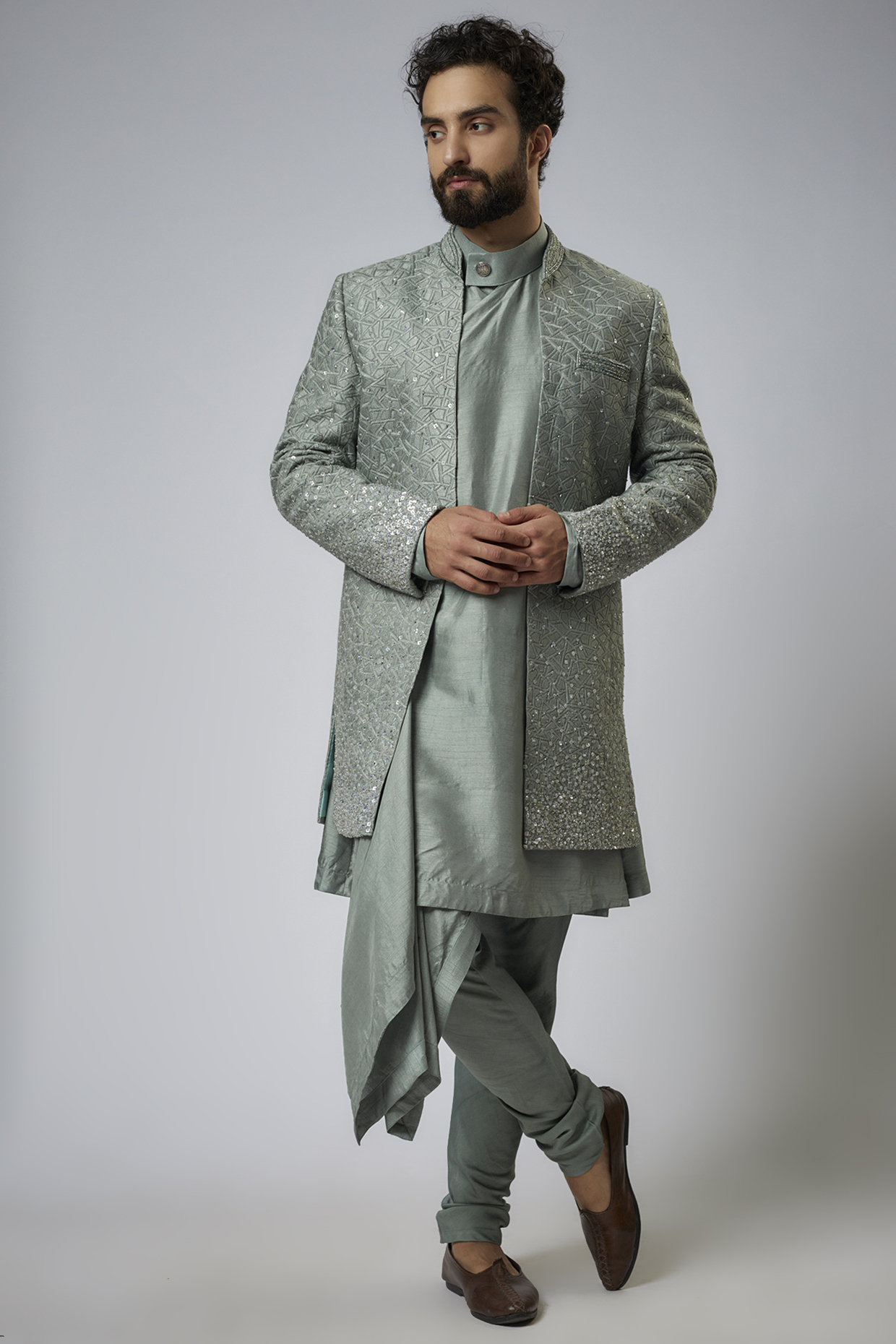 Sage Green Silk Embroidered Wedding Indowestern Set by KSHITIJ CHOUDHARY MEN at Pernia's Pop Up Shop