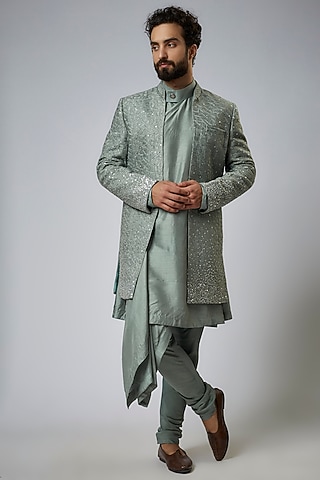 Sage Green Silk Embroidered Indowestern Set by KSHITIJ CHOUDHARY MEN