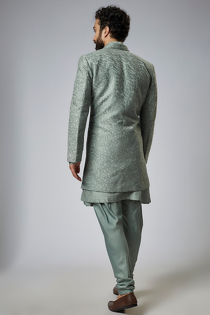 Sage Green Silk Embroidered Wedding Indowestern Set by KSHITIJ CHOUDHARY MEN at Pernia's Pop Up Shop
