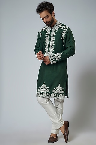 Bottle Green Silk Embroidered Kurta Set by KSHITIJ CHOUDHARY MEN