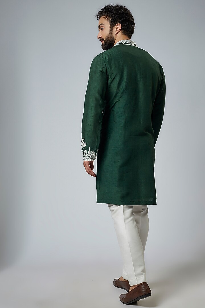 Bottle Green Silk Embroidered Kurta Set by KSHITIJ CHOUDHARY MEN at Pernia's Pop Up Shop