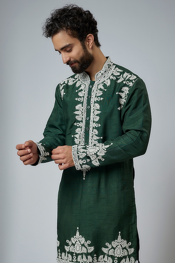 Bottle Green Silk Embroidered Kurta Set by KSHITIJ CHOUDHARY MEN at Pernia's Pop Up Shop