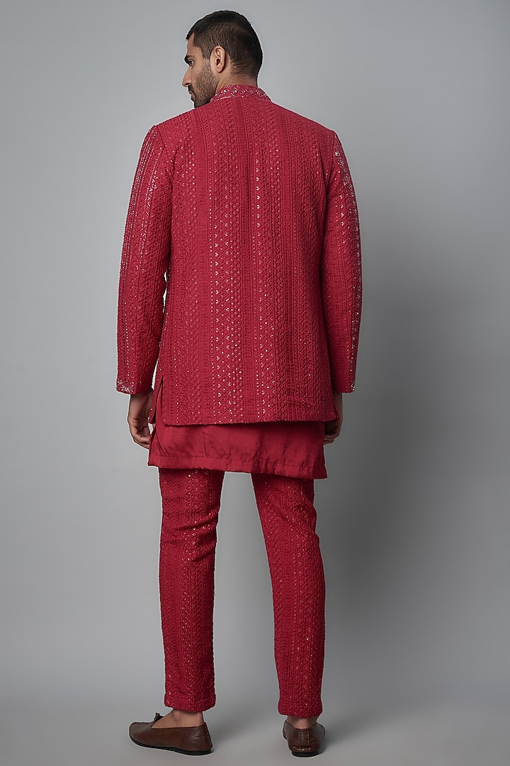 Cherry Red Textured Silk Embroidered Indo-Western Set by KSHITIJ CHOUDHARY MEN at Pernia's Pop Up Shop