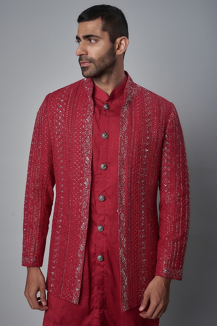 Cherry Red Textured Silk Embroidered Indo-Western Set by KSHITIJ CHOUDHARY MEN at Pernia's Pop Up Shop