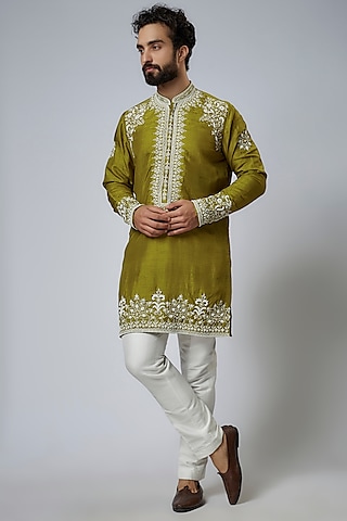 Lime Green Silk Embroidered Kurta Set by KSHITIJ CHOUDHARY MEN
