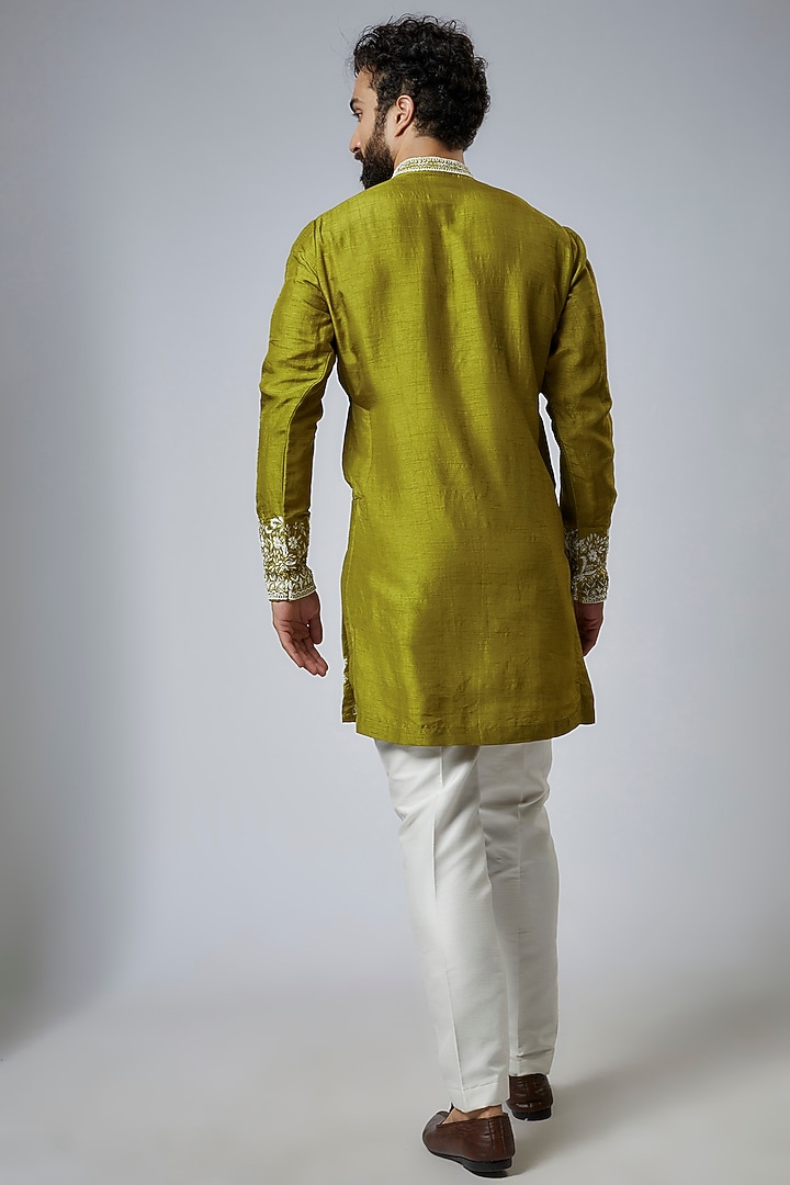 Lime Green Silk Embroidered Kurta Set by KSHITIJ CHOUDHARY MEN at Pernia's Pop Up Shop