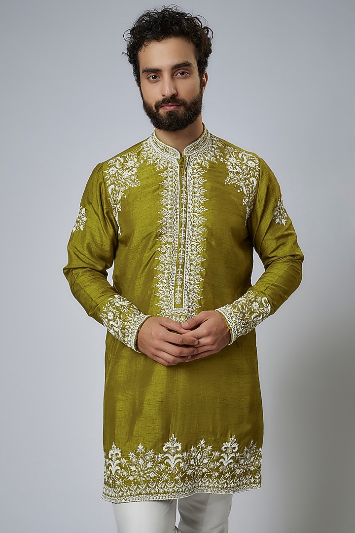 Lime Green Silk Embroidered Kurta Set by KSHITIJ CHOUDHARY MEN at Pernia's Pop Up Shop