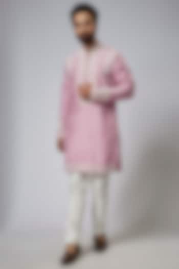 English Pink Silk Embroidered Kurta Set by KSHITIJ CHOUDHARY MEN at Pernia's Pop Up Shop