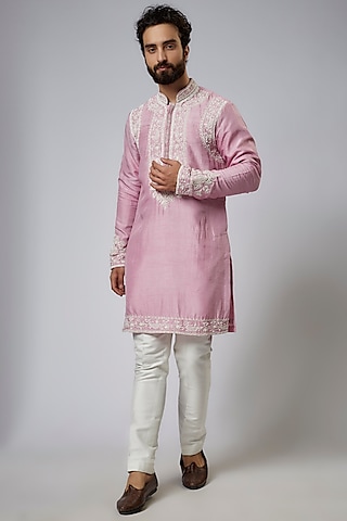 English Pink Silk Embroidered Kurta Set by KSHITIJ CHOUDHARY MEN