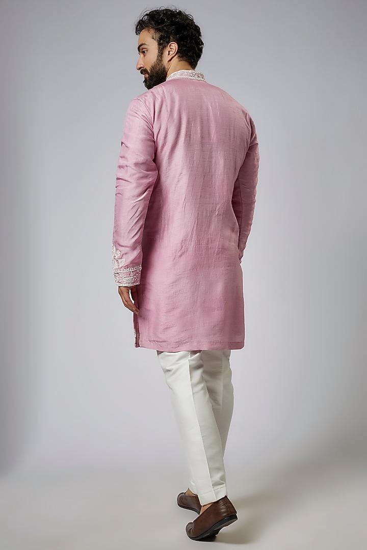 English Pink Silk Embroidered Kurta Set by KSHITIJ CHOUDHARY MEN at Pernia's Pop Up Shop