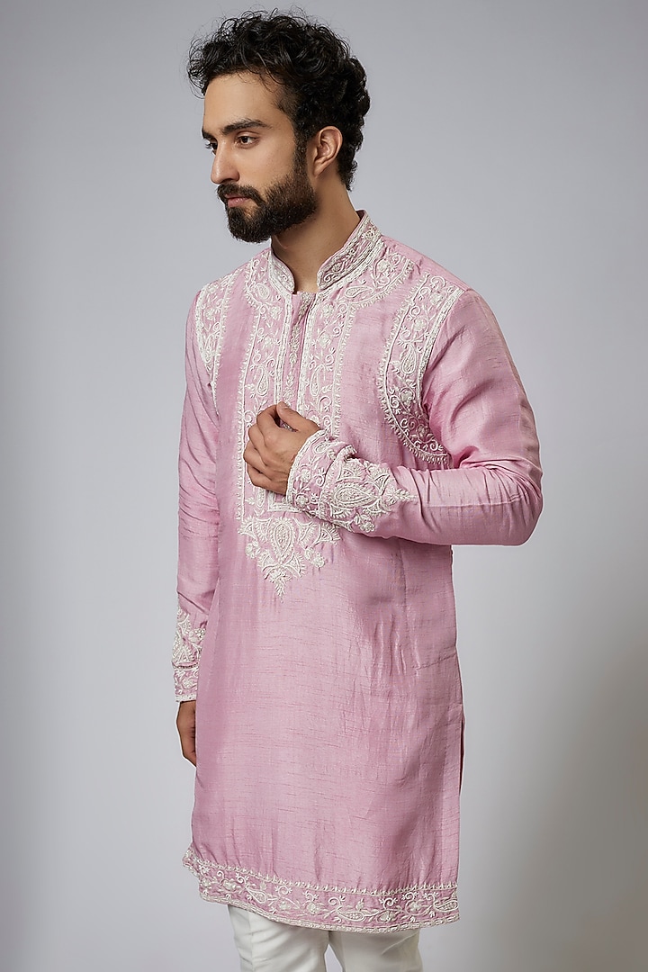 English Pink Silk Embroidered Kurta Set by KSHITIJ CHOUDHARY MEN at Pernia's Pop Up Shop