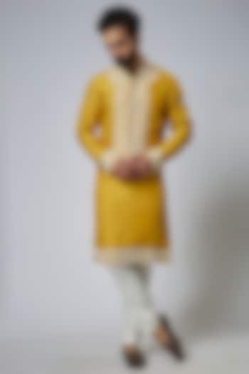 Mustard Yellow Silk Embroidered Kurta Set by KSHITIJ CHOUDHARY MEN at Pernia's Pop Up Shop