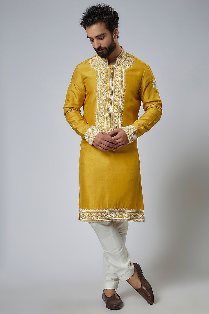 Mustard Yellow Silk Embroidered Kurta Set by KSHITIJ CHOUDHARY MEN at Pernia's Pop Up Shop