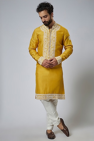 Mustard Yellow Silk Embroidered Kurta Set by KSHITIJ CHOUDHARY MEN