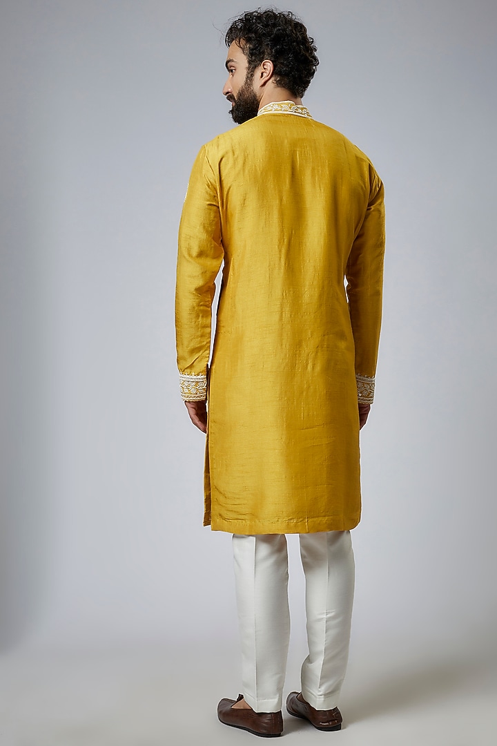 Mustard Yellow Silk Embroidered Kurta Set by KSHITIJ CHOUDHARY MEN at Pernia's Pop Up Shop