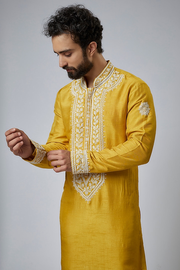 Mustard Yellow Silk Embroidered Kurta Set by KSHITIJ CHOUDHARY MEN at Pernia's Pop Up Shop