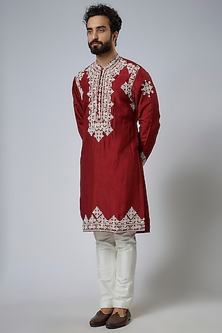 Red Silk Embroidered Kurta Set by KSHITIJ CHOUDHARY MEN