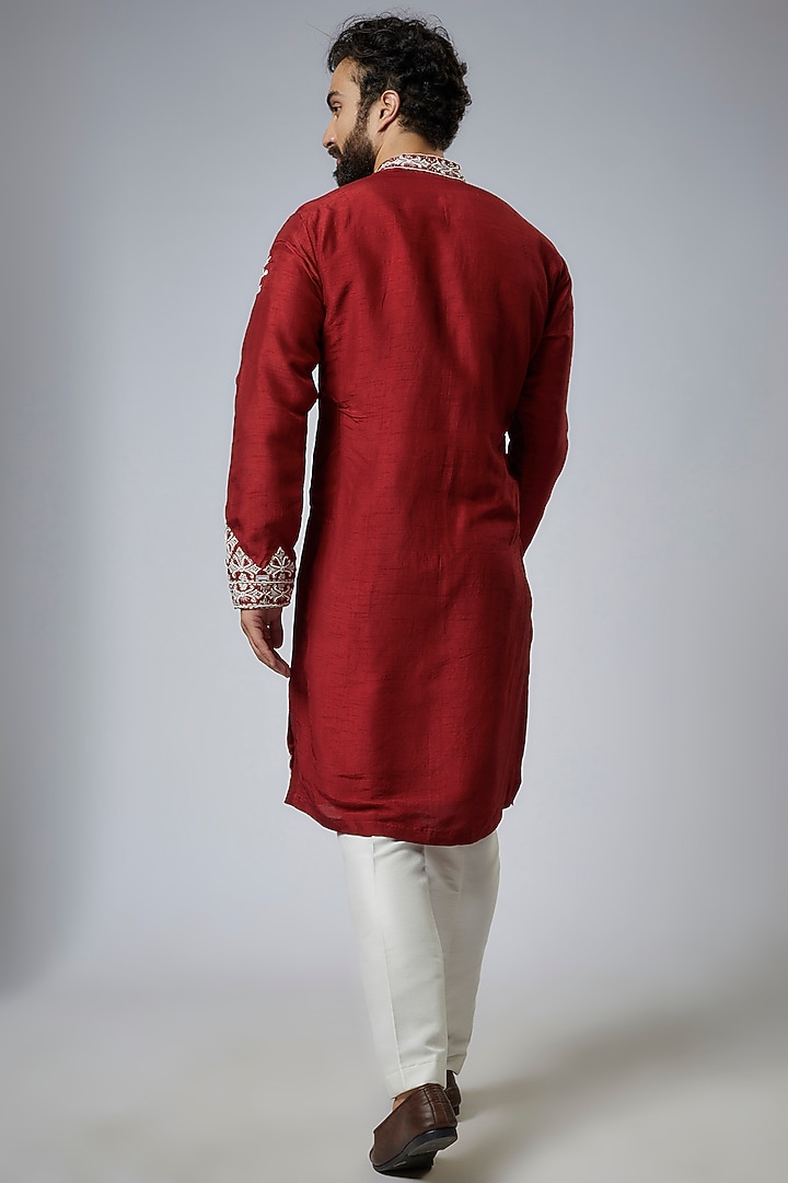 Red Silk Embroidered Kurta Set by KSHITIJ CHOUDHARY MEN at Pernia's Pop Up Shop