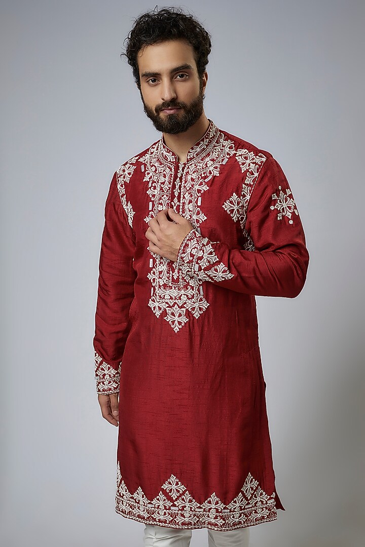 Red Silk Embroidered Kurta Set by KSHITIJ CHOUDHARY MEN at Pernia's Pop Up Shop