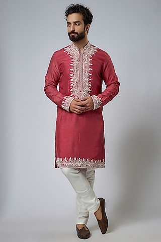 Carrot Pink Silk Embroidered Kurta Set by KSHITIJ CHOUDHARY MEN