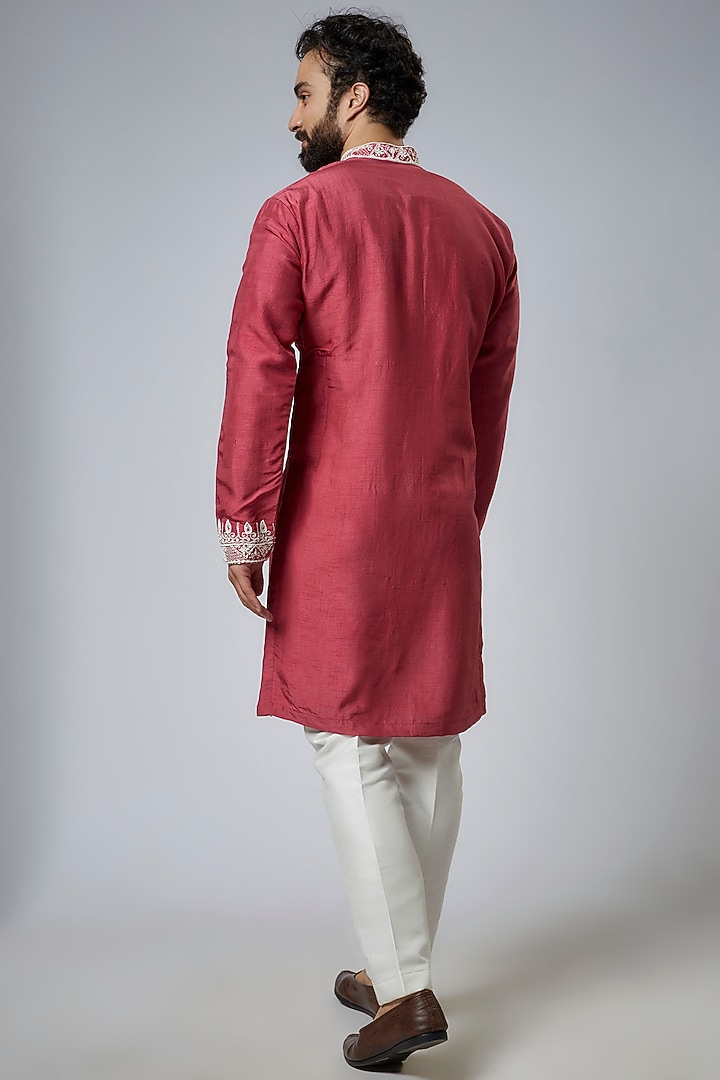Carrot Pink Silk Embroidered Kurta Set by KSHITIJ CHOUDHARY MEN at Pernia's Pop Up Shop