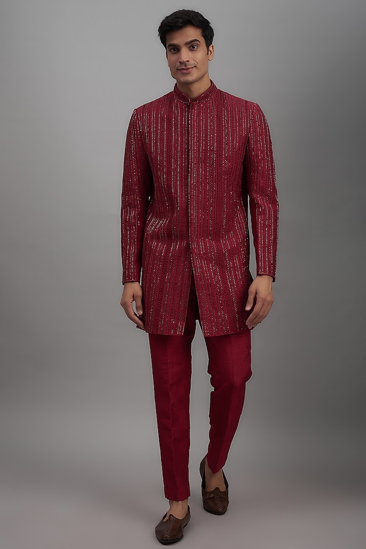 Red Silk Embroidered Bandhgala Jacket Set by KSHITIJ CHOUDHARY MEN