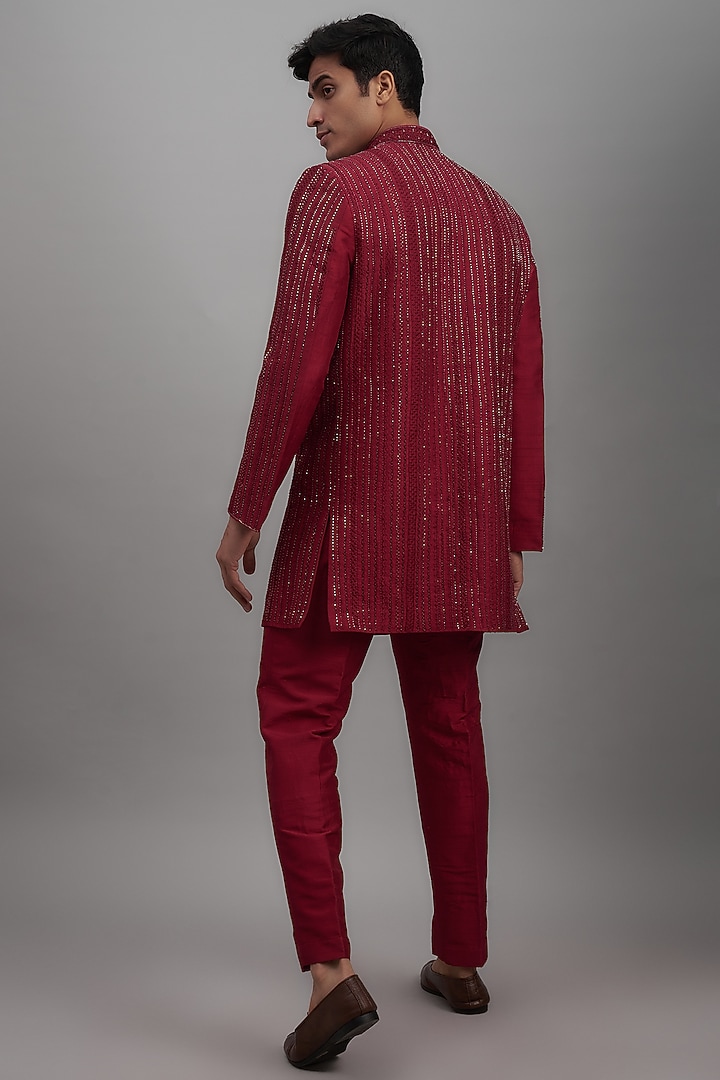 Red Silk Embroidered Wedding Bandhgala Jacket Set by KSHITIJ CHOUDHARY MEN at Pernia's Pop Up Shop