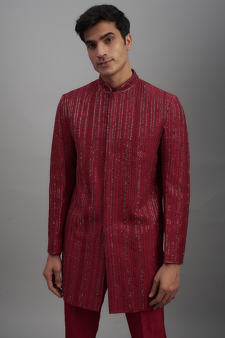 Red Silk Embroidered Wedding Bandhgala Jacket Set by KSHITIJ CHOUDHARY MEN at Pernia's Pop Up Shop