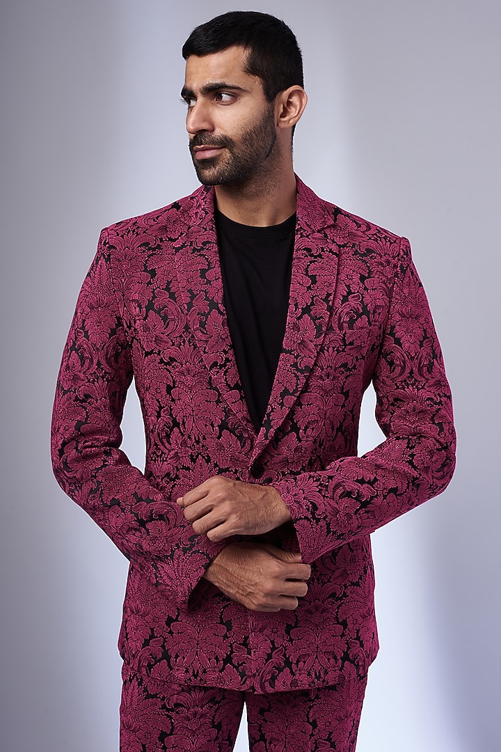 Pink & Black Jacquard Blazer Set by KSHITIJ CHOUDHARY MEN at Pernia's Pop Up Shop