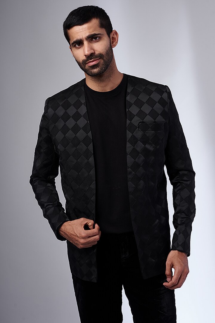 Black Self Textured Jacket Set by KSHITIJ CHOUDHARY MEN at Pernia's Pop Up Shop