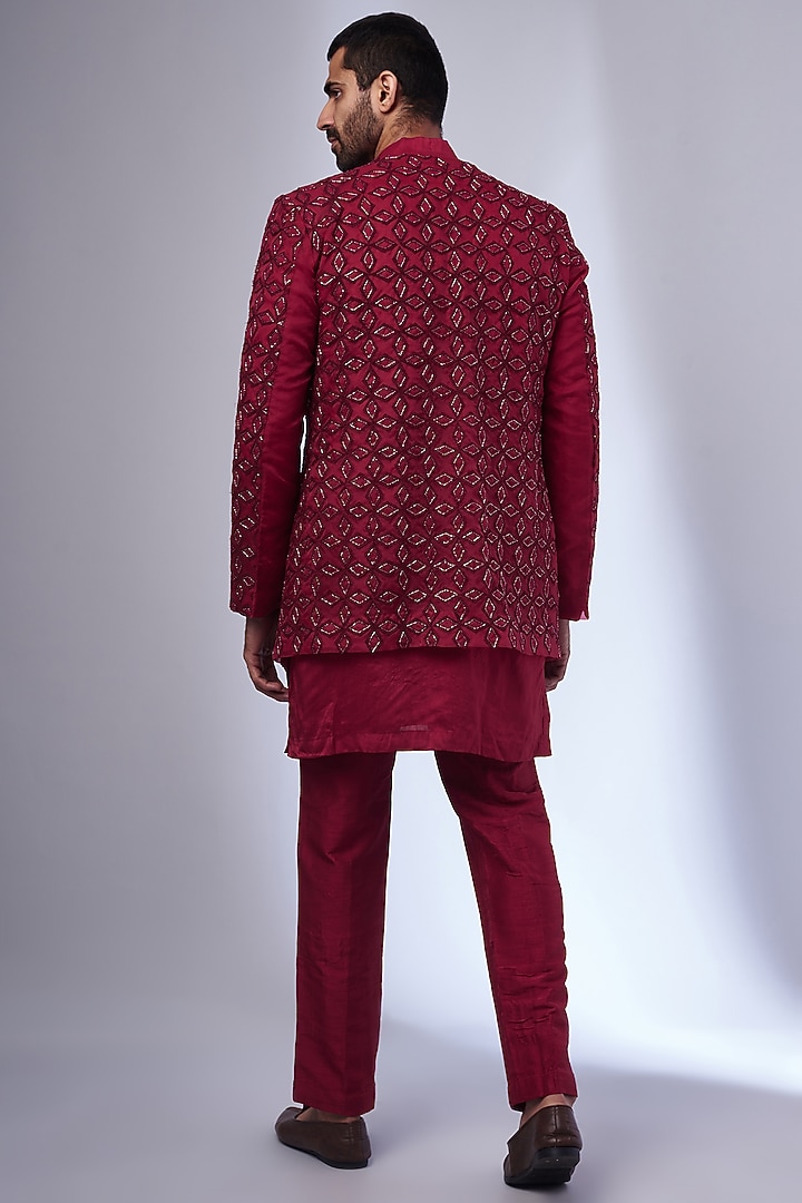 Cherry Red Organza Embroidered Wedding Indowestern Jacket Set by KSHITIJ CHOUDHARY MEN at Pernia's Pop Up Shop