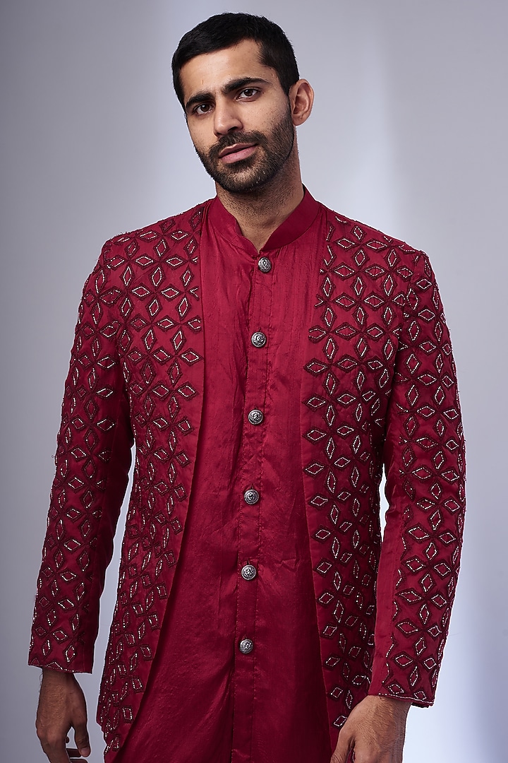 Cherry Red Organza Embroidered Wedding Indowestern Jacket Set by KSHITIJ CHOUDHARY MEN at Pernia's Pop Up Shop