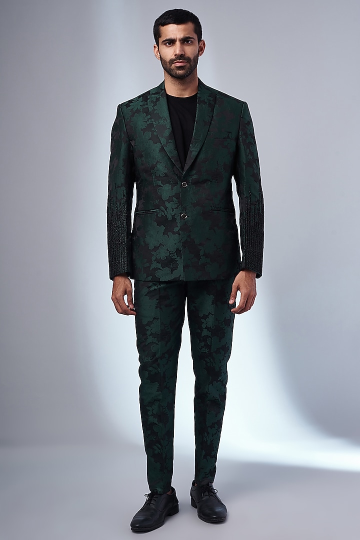 Green & Black Self Textured Blazer Set by KSHITIJ CHOUDHARY MEN