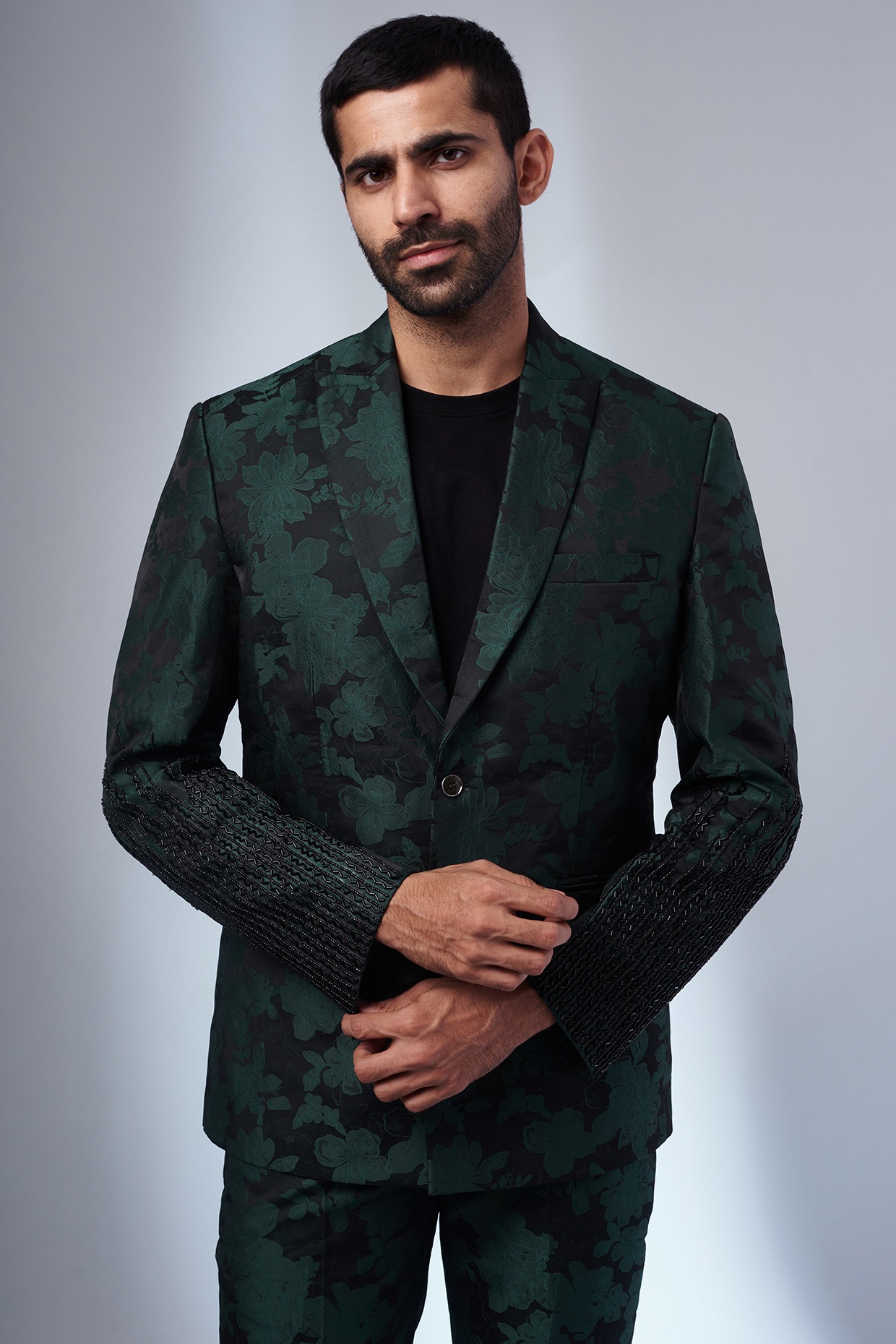 Green & Black Self Textured Blazer Set by KSHITIJ CHOUDHARY MEN at