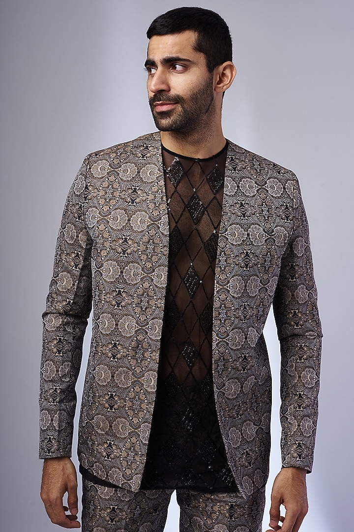 Fossil Grey & Beige Jacquard Jacket Set by KSHITIJ CHOUDHARY MEN at Pernia's Pop Up Shop
