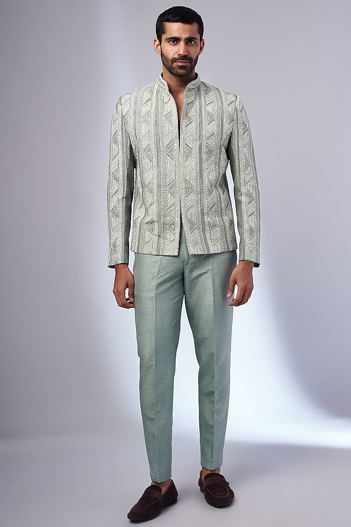 Sage Green Textured Silk Embroidered Bandhgala Jacket Set by KSHITIJ CHOUDHARY MEN