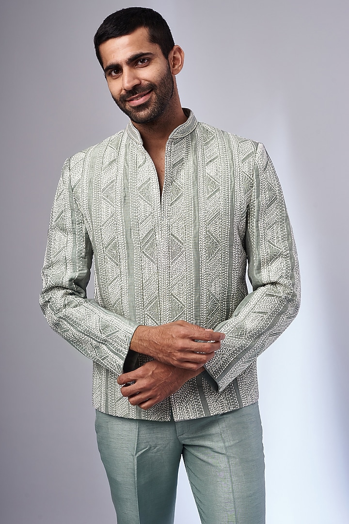 Sage Green Textured Silk Embroidered Wedding Bandhgala Jacket Set by KSHITIJ CHOUDHARY MEN at Pernia's Pop Up Shop