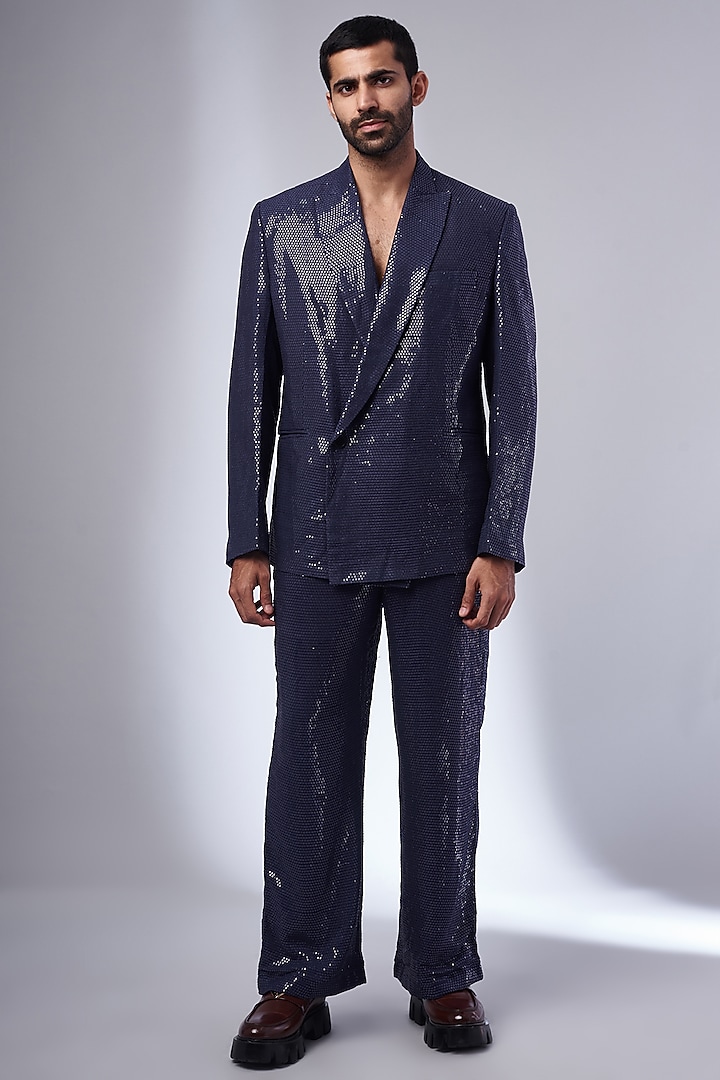 Purple Georgette & Sequins Blazer Set by KSHITIJ CHOUDHARY MEN