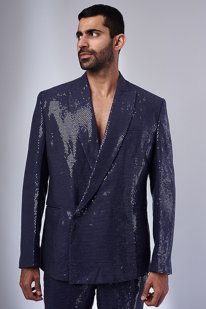 Purple Georgette & Sequins Blazer Set by KSHITIJ CHOUDHARY MEN at Pernia's Pop Up Shop