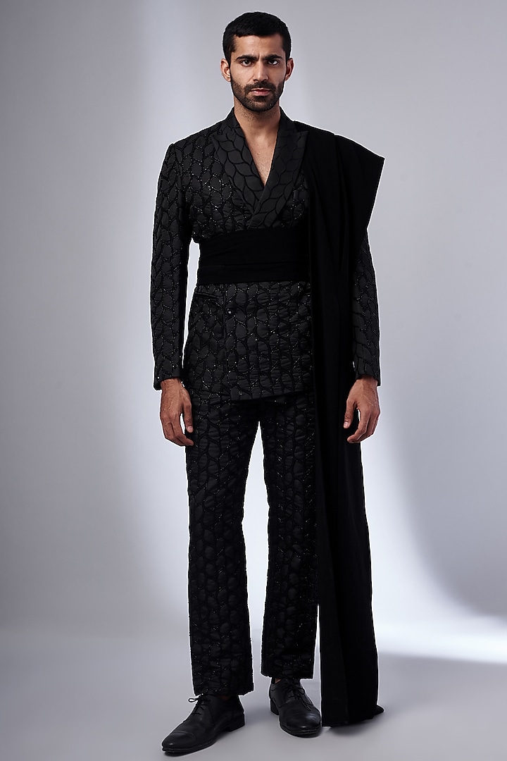 Black Self Textured Embroidered Blazer Set by KSHITIJ CHOUDHARY MEN