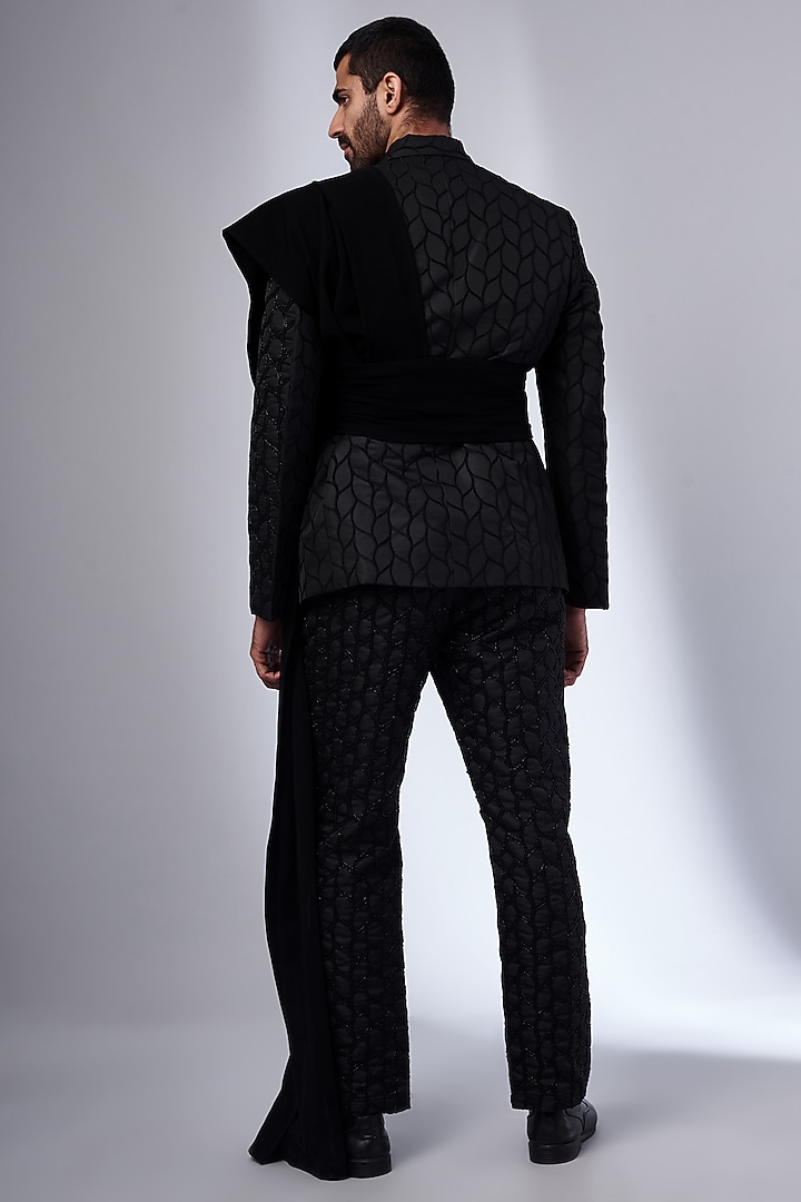 Black Self Textured Embroidered Blazer Set by KSHITIJ CHOUDHARY MEN at Pernia's Pop Up Shop