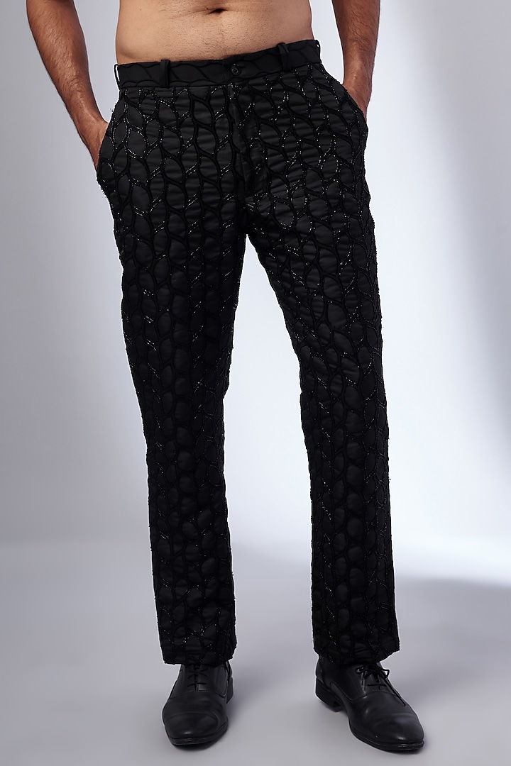 Black Self Textured Embroidered Blazer Set by KSHITIJ CHOUDHARY MEN at Pernia's Pop Up Shop