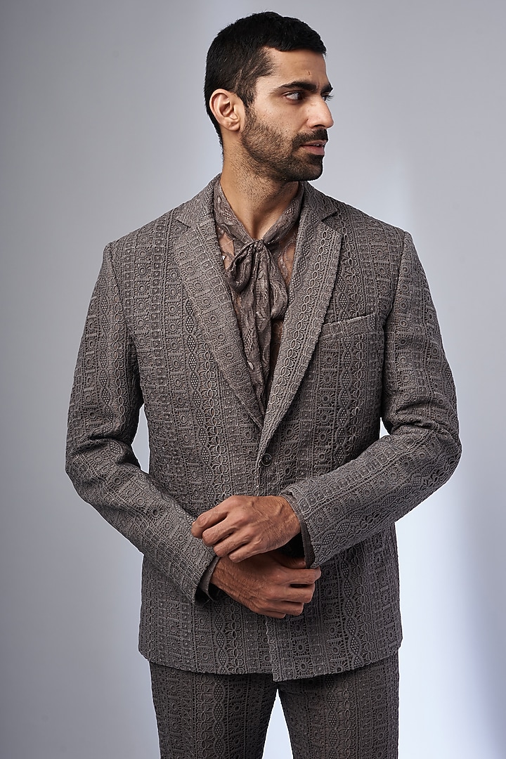 Fossil Grey Self Textured Blazer Set by KSHITIJ CHOUDHARY MEN at Pernia's Pop Up Shop