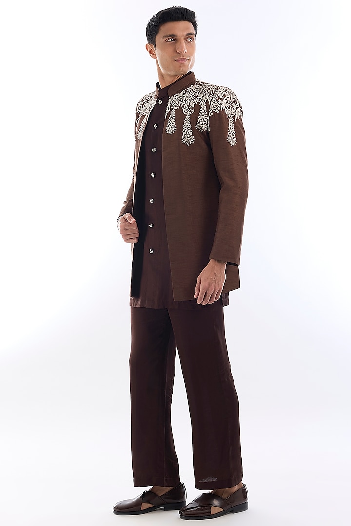 Brown Habutai Silk Kasab Embroidered Indowestern Set by KSHITIJ CHOUDHARY MEN