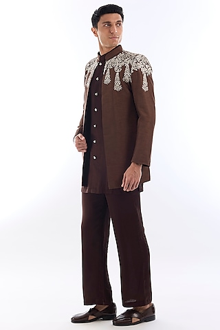 Brown Habutai Silk Kasab Embroidered Indowestern Set by KSHITIJ CHOUDHARY MEN