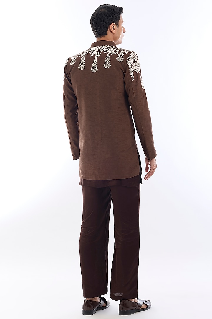 Brown Habutai Silk Kasab Embroidered Wedding Indowestern Set by KSHITIJ CHOUDHARY MEN at Pernia's Pop Up Shop