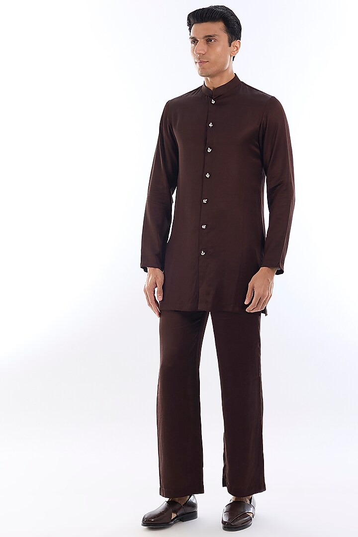 Brown Habutai Silk Kasab Embroidered Wedding Indowestern Set by KSHITIJ CHOUDHARY MEN at Pernia's Pop Up Shop