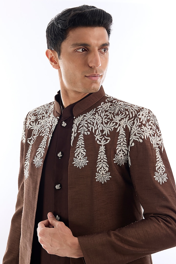 Brown Habutai Silk Kasab Embroidered Wedding Indowestern Set by KSHITIJ CHOUDHARY MEN at Pernia's Pop Up Shop