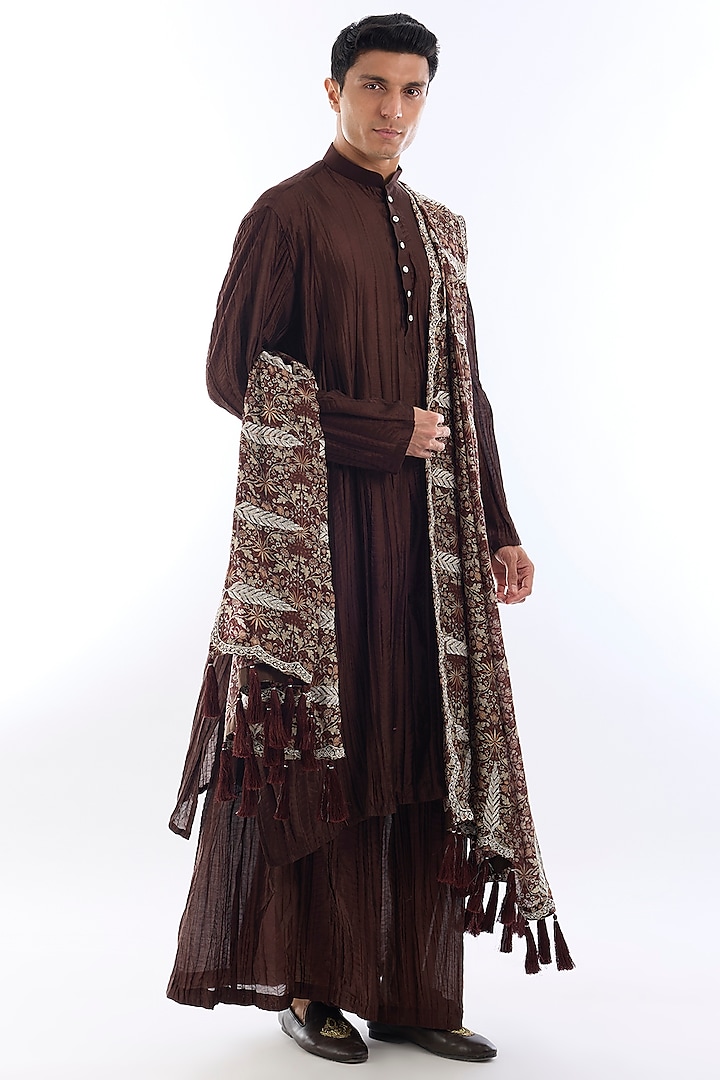 Brown Crushed Silk Kurta Set by KSHITIJ CHOUDHARY MEN