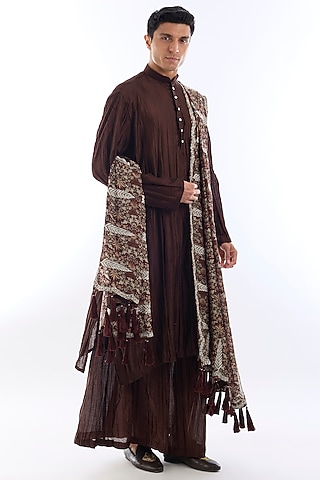 Brown Crushed Silk Kurta Set by KSHITIJ CHOUDHARY MEN